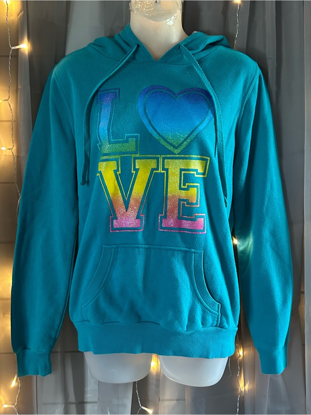 Y2K hard candy turquoise love rainbow glitter hoodie zebra print lining Sz L